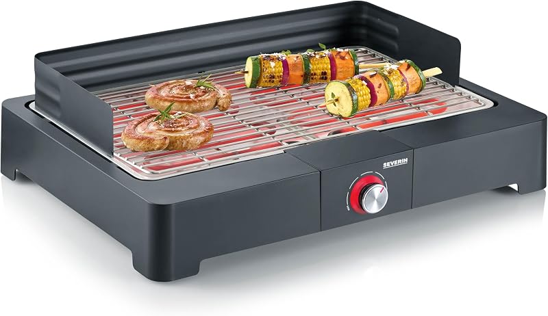 Tischgrill mit Edelstahl-Grillrost für drinnen und draußen, Elektrogrill mit schnellem Grill-Start, Balkon Grill ohne Verbrennungsgefahr, Schwarz, PG 8565