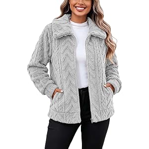 Lmdudan Women's Sherpa Fleece Jacket Cable Texture Full Zip Winter Coat | Plush Cable Texture; Wide Turn-Down Collar; Side Po