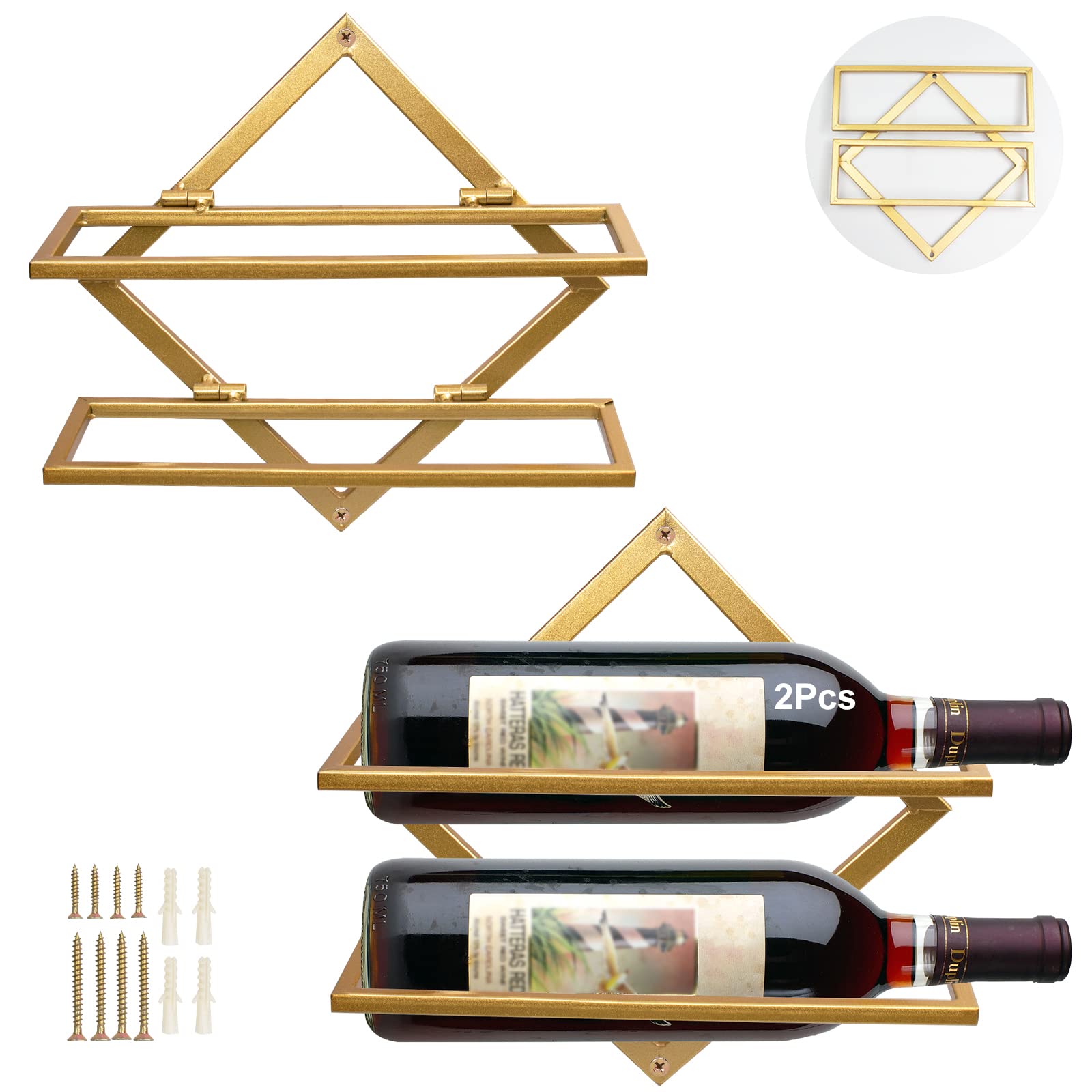 MERYSAN Metal Wall Mounted Wine Holder, Upgrade Foldable Hanging Wall Wine Rack Organizer for 2 Liquor Bottles, Red Wine Bottle Display Hanger with Screws for Home Kitchen Bar Wall Décor