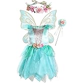 DJDLPARTY Green Fairy Dress for Girls with Flower Headband and Butterfly wing, Halloween Costumes for Kids