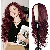 BrittyHair Wine Red Long Wavy Wig for White Women 26 Inch Middle Part Curly Wig Natural Looking Heat-resistant synthetic fiber wigs for Daily Wear Cosplay and Halloween