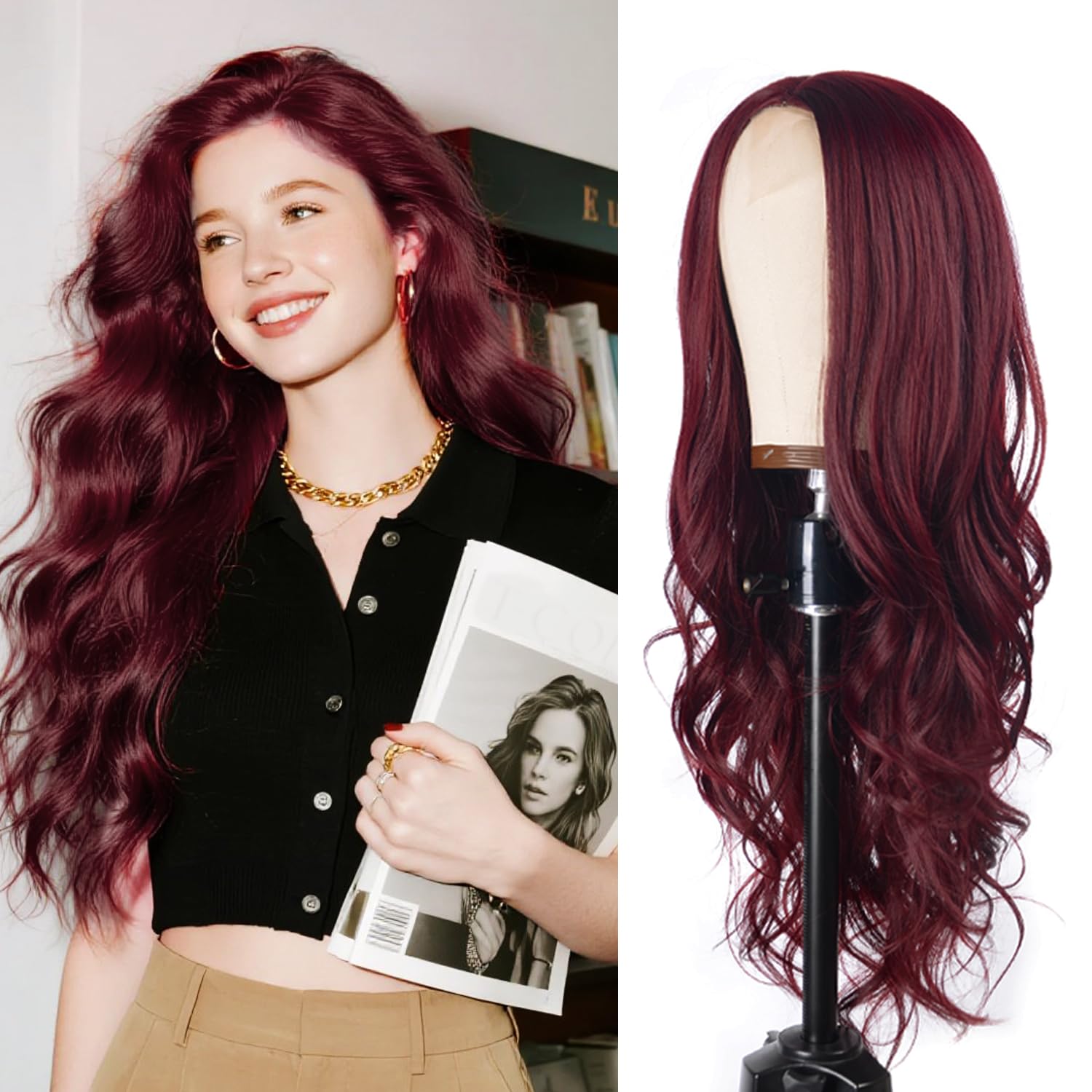 Photo 1 of BrittyHair Wine Red Long Wavy Wig for White Women 26 Inch Middle Part Curly Wig Natural Looking Heat-resistant synthetic fiber wigs for Daily Wear Cosplay and Halloween