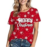Christmas Shirts for Women: Merry Christmas Snowflake Tree Printed Short Sleeve Costumes Crewneck Casual Pattern T-Shirt