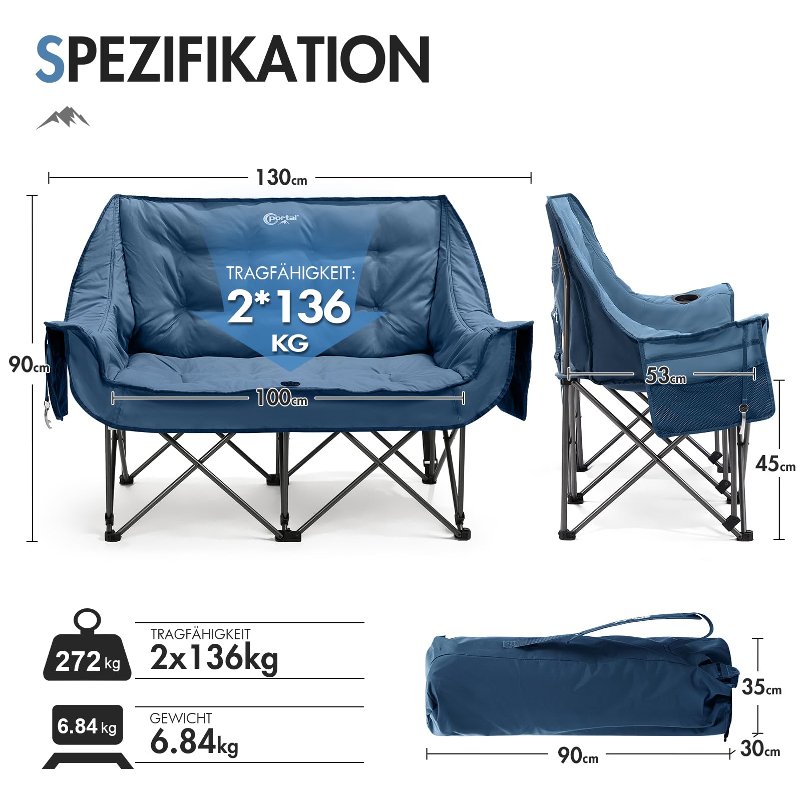 Portal Campingstuhl faltbar Campingsofa für 2 Personen 272kg belastbar Super Weich mit Lagerungstasche Doppel Klappstuhl Faltsofa Dick Gepolstert Hohe Rückenlehne für Outdoor Garten Balkon 3