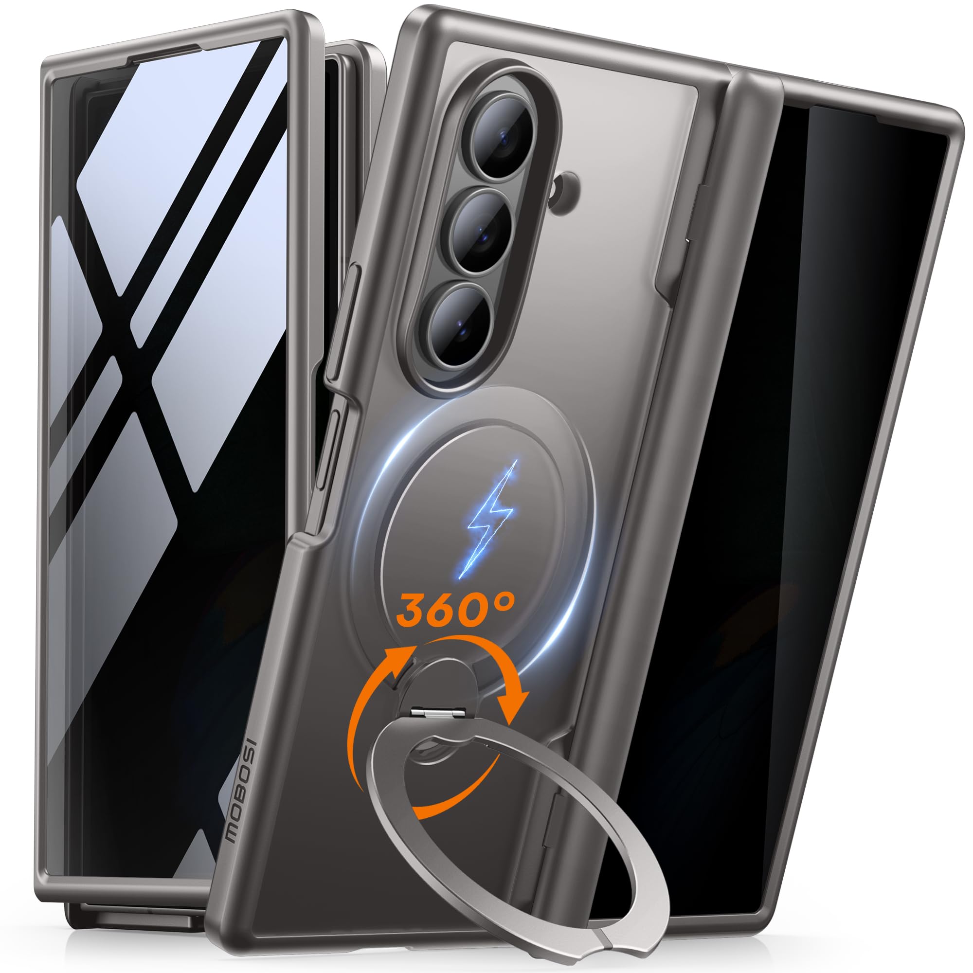 Photo 1 of MOBOSI for Z Fold 7 Case with Rotatable Ring Stand & Privacy Screen Protector, Compatible with Magsafe, 18FT MIL-Grade Protection, Magnetic Shockproof Slim Case for Samsung Galaxy Z Fold7, Gray