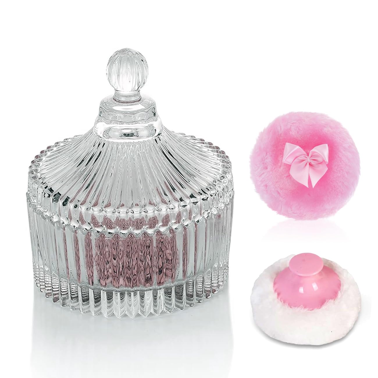 Glass Body Powder Puff Container – 4-Inch with 2 Soft Puffs (3.6" & 3.2") – Ideal for Body Powder, Talcum, or Glitter – Elegant Gift for Women – Multi-Use Storage for Jewellery or Sweets