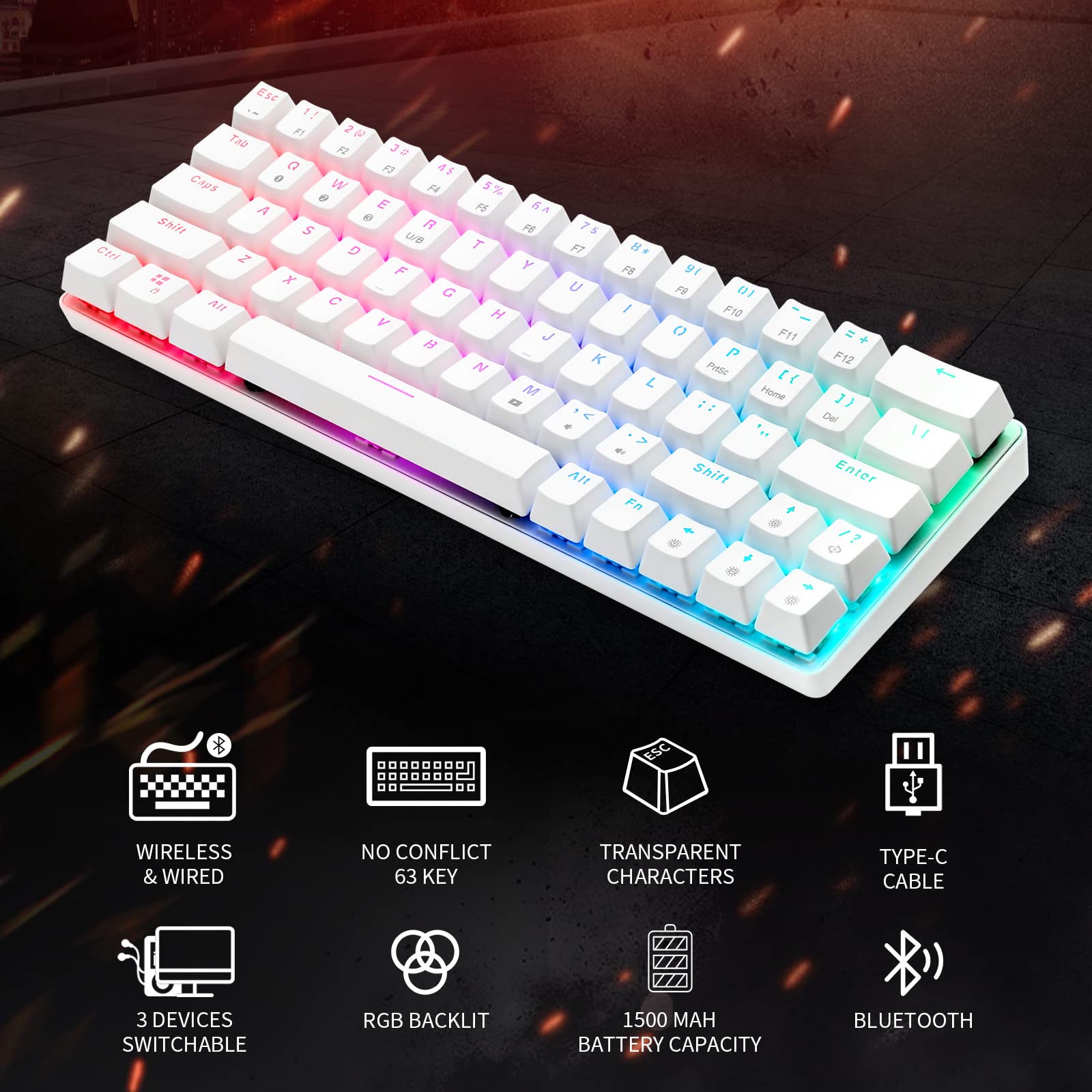 HUO JI CQ63 60% RGB Wireless Mechanical Gaming Keyboard, Authentic Cherry MX Brown Switches, Bluetooth 5.0, Wired Keyboard 63 Keys for PC Tablet Laptop Cell Phone, White