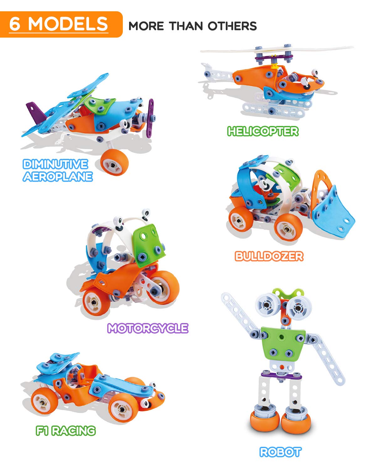 STEM Toys, 189 pcs 6-in-1 Build and Play Toy Set Educational Construction Engineering Building Blocks Learning Kit for Boys and Girls