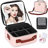 Aiborke Travel Makeup Bag with Led Mirror Make up Case with Lighted Mirror Cosmetic Organizer bag with Adjustable Dividers and 5X Magnifying Mirror Makeup Box Vanity Case for Women