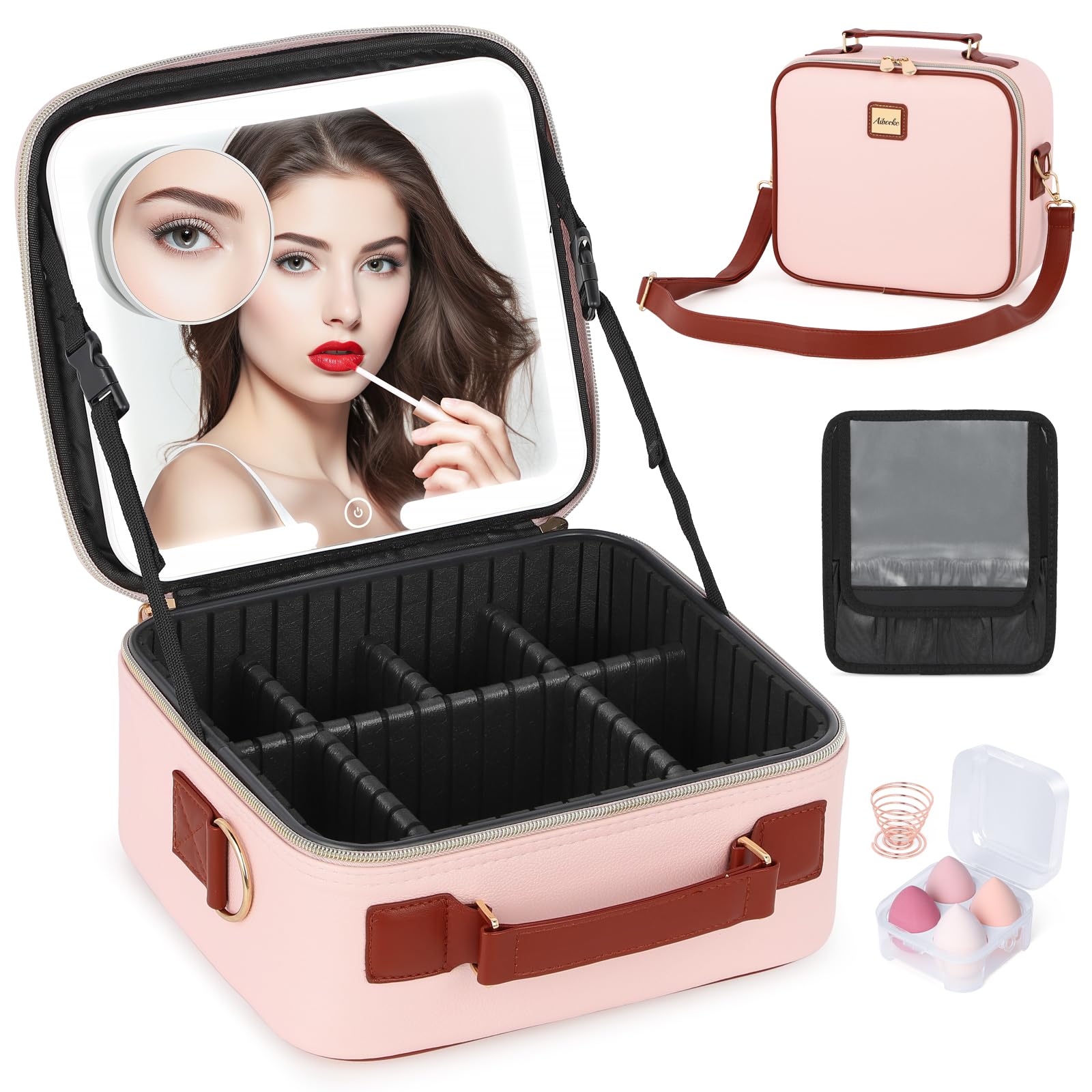 Aiborke Travel Makeup Bag with Led Mirror Make up Case with Lighted Mirror Cosmetic Organizer bag with Adjustable Dividers and 5X Magnifying Mirror Makeup Box Vanity Case for Women, Pink+Brown