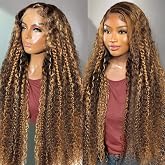Harmsh Highlight Ombre 13x6 Lace Front Wig Human Hair 210 Density 18 Inch Deep Wave Honey Blonde Glueless HD Transparent Lace