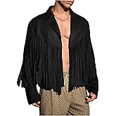 BEAUDRM Men's Fringe Jacket Long Sleeve Open Front Lapel Collar 70s Outfits Tassel Cowboy Vest Western Outerwear