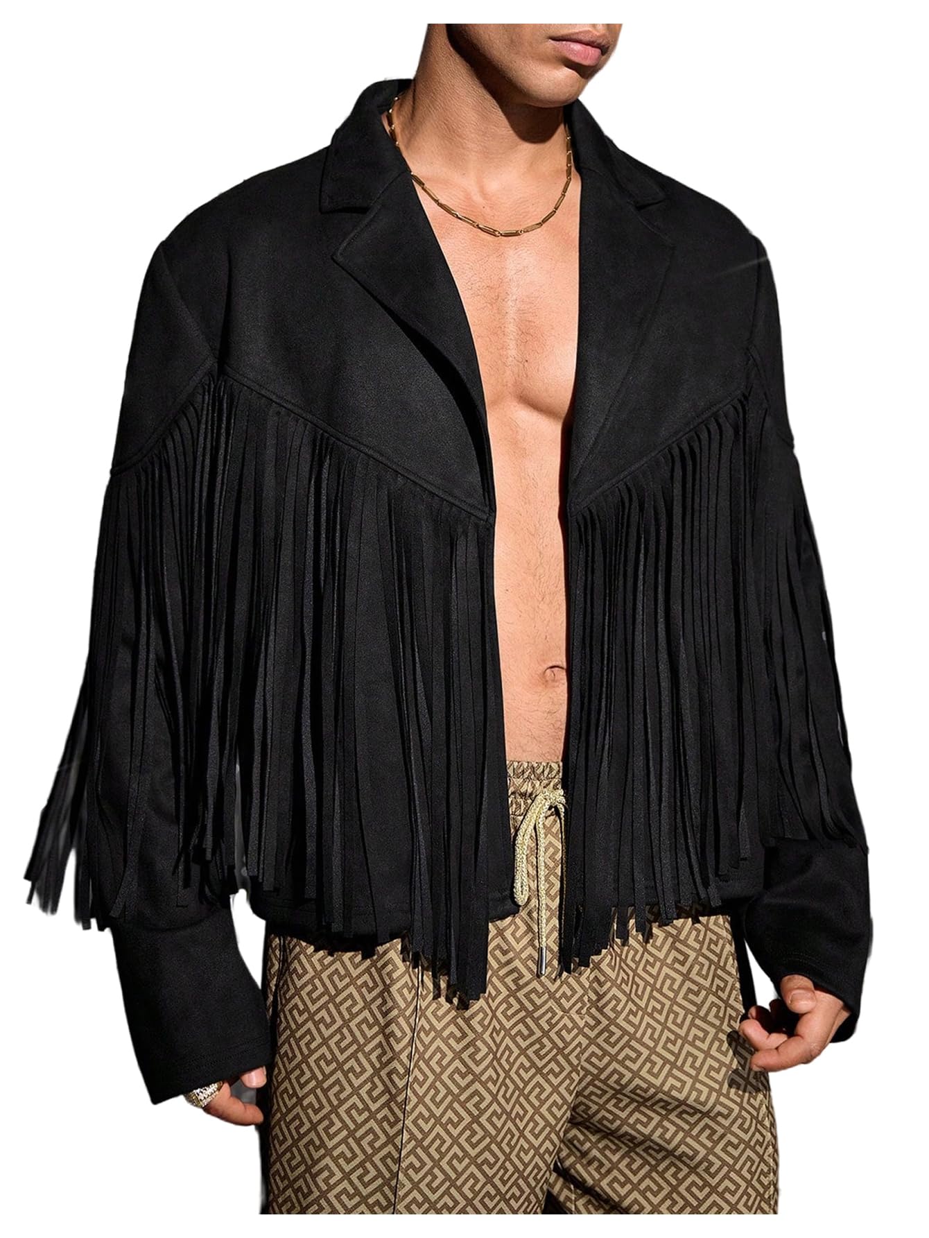 Photo 1 of BEAUDRM Men's Fringe Jacket Long Sleeve Open Front Lapel Collar 70s Outfits Tassel Cowboy Vest Western Outerwear Black X-Large