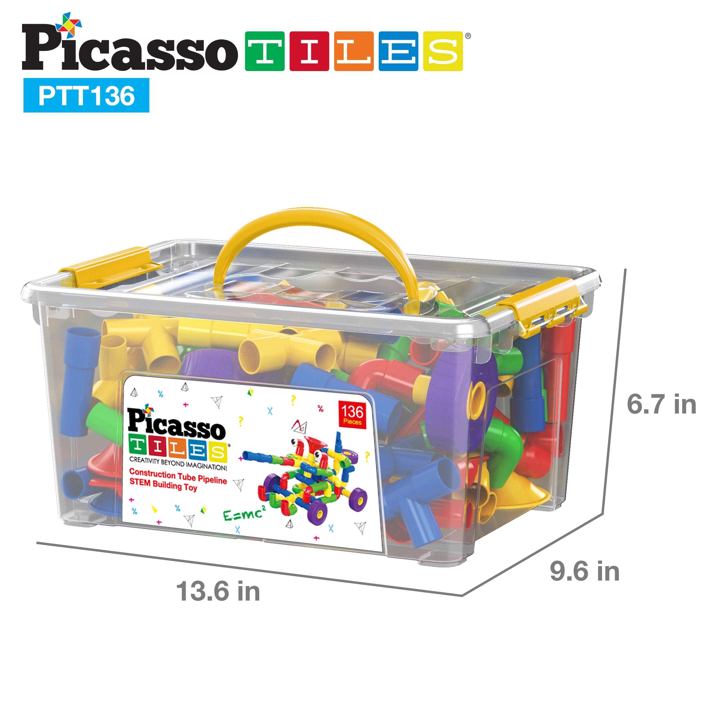 PicassoTiles PTT136 136pcs Tubular Pipes & Spout STEAM Interlocking Educational Building Block Set, Tube Locks, Pipeworks Construction Blocks w/Storage Container Box, Idea Book, Flute Musical Kit