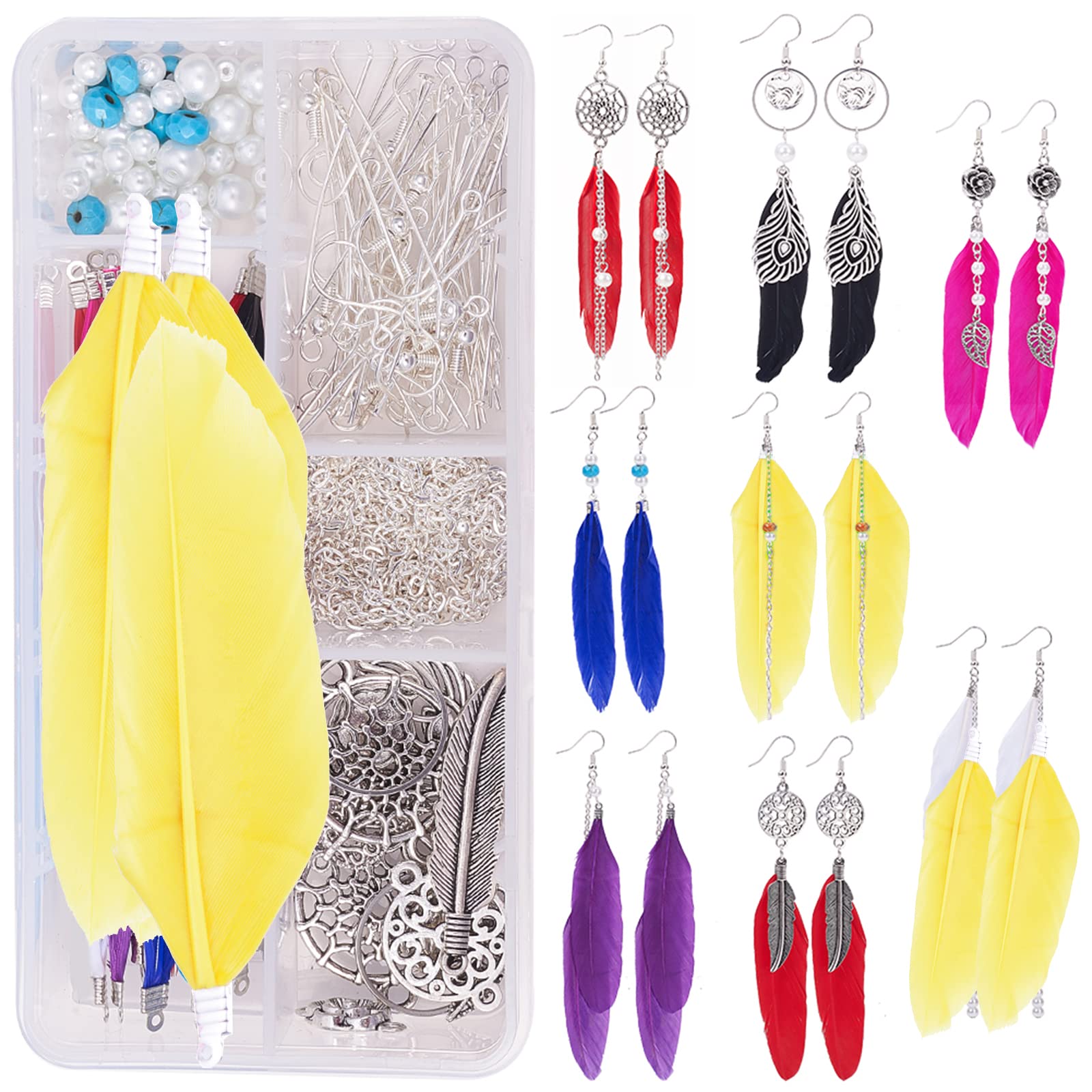 SUNNYCLUE 1 Box DIY 8 Pairs Women Faux Feather Earrings Tassel Feather Dream Catcher Long Drop Dangle Earrings Set Tassel Earrings Jewelry Making Designed for Women, Cadmium Free & Lead Free