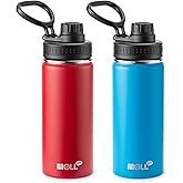 Mollcity 16 oz Water Bottle Stainless Steel Vacuum Insulated Wide Mouth Sports Flask, 2 Pack Water Bottle with Leakproof Spout Lid (Canyon Red-Sky Blue)