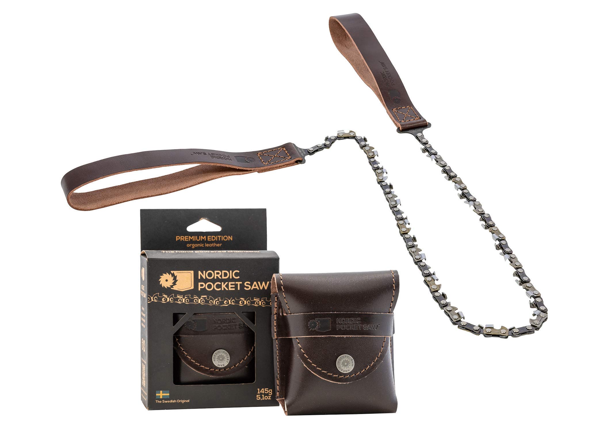 Nordic Pocket Saw Survival Saw Chain - 65 cm Pocket Chainsaw - Organic Leather - Made in Sweden - Manual Chainsaw for Camping Hiking & Outdoor - Ver. Premium