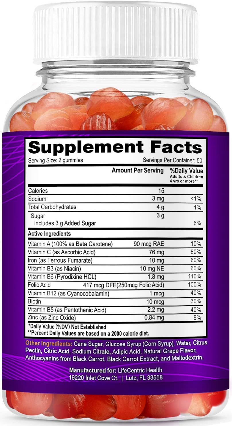 Iron Gummies for Adults and Kids | Biotin Zinc Vitamin B Folic Acid Vitamin Gummies | Vegan Gluten Free Blood Builder Anemia Supplements | Tasty Energy Boosting Iron Supplement for Women and Men: Health & Personal Care