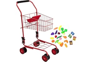 The New York Doll Collection Toy Shopping Cart for Kids and Toddler - Includes Food - Folds for Easy Storage - with Sturdy Metal Frame (Red)