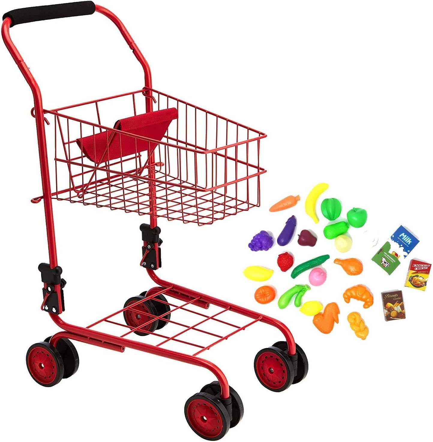 Photo 1 of The New York Doll Collection Toy Shopping Cart for Kids and Toddler - Includes Food - Folds for Easy Storage - with Sturdy Metal Frame (Red)