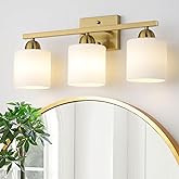 Mecgirn Stainless Steel Milk Glass Vanity Lights for Bathroom, 3 Light Gold Bathroom Light Fixtures Over Mirror, Ceramic E26 