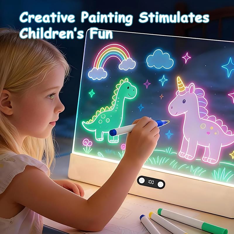 Planche à dessin LED,Tableau lumineux LED Enfants Rechargeable,35 x 26 cm,8 Couleurs et 3 Modes,Tablette lumineuse Dessin Enfant avec Support Intégré,Cadeau Créatif pour Enfants-Blanc — photo 5 sur 8