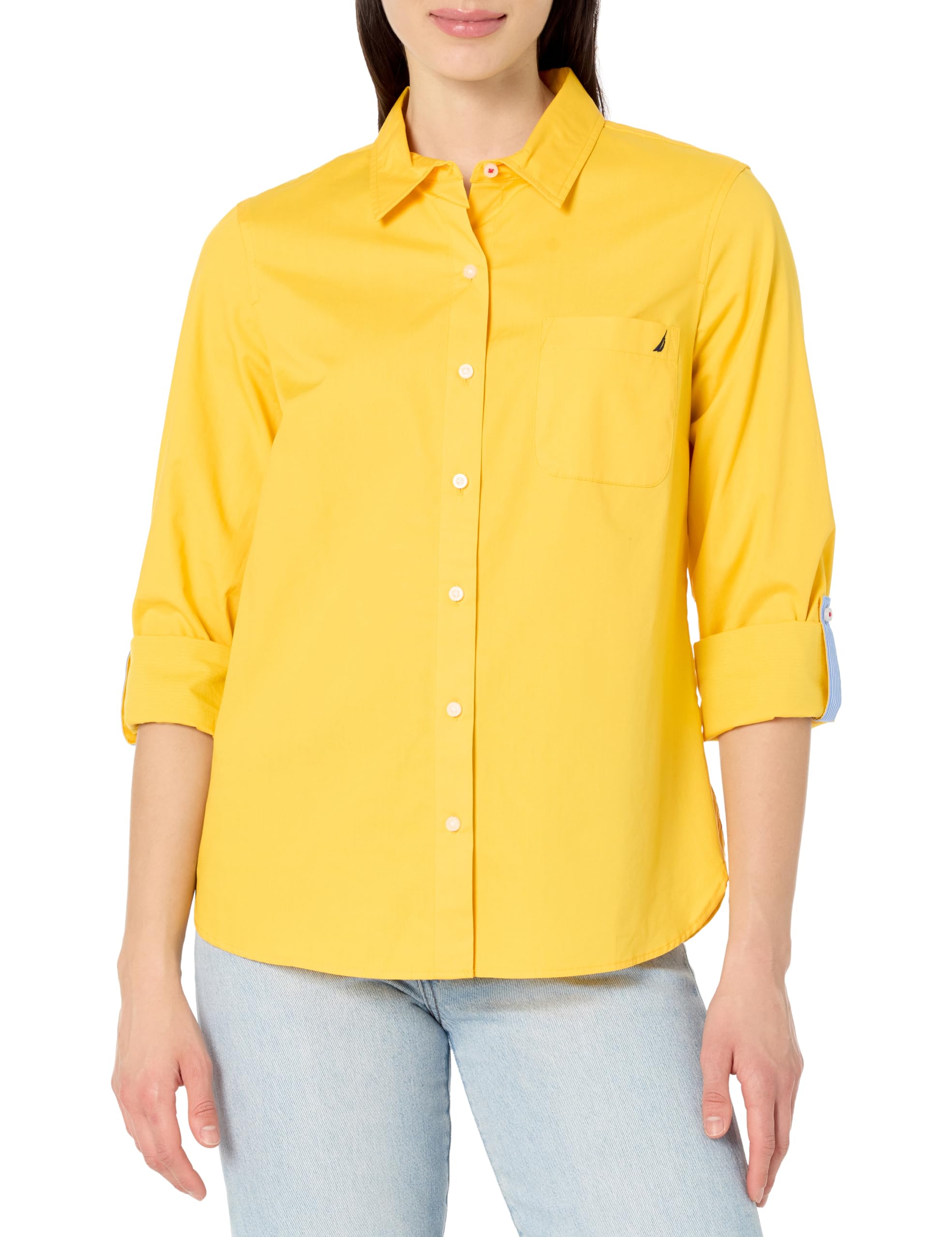 Nautica Womens Button Front Long Sleeve Roll Tab Shirt, Daffodil, X-Small