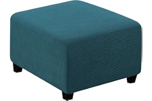 Argstar Jacquard Stretch Ottoman Covers, 36” x 36" Square Fabric Soft Ottoman Slipcover for Living Room, Folding Storage Furniture Protector for Sofa and Couch with Elastic Bottom(Large-Dark Cyan)