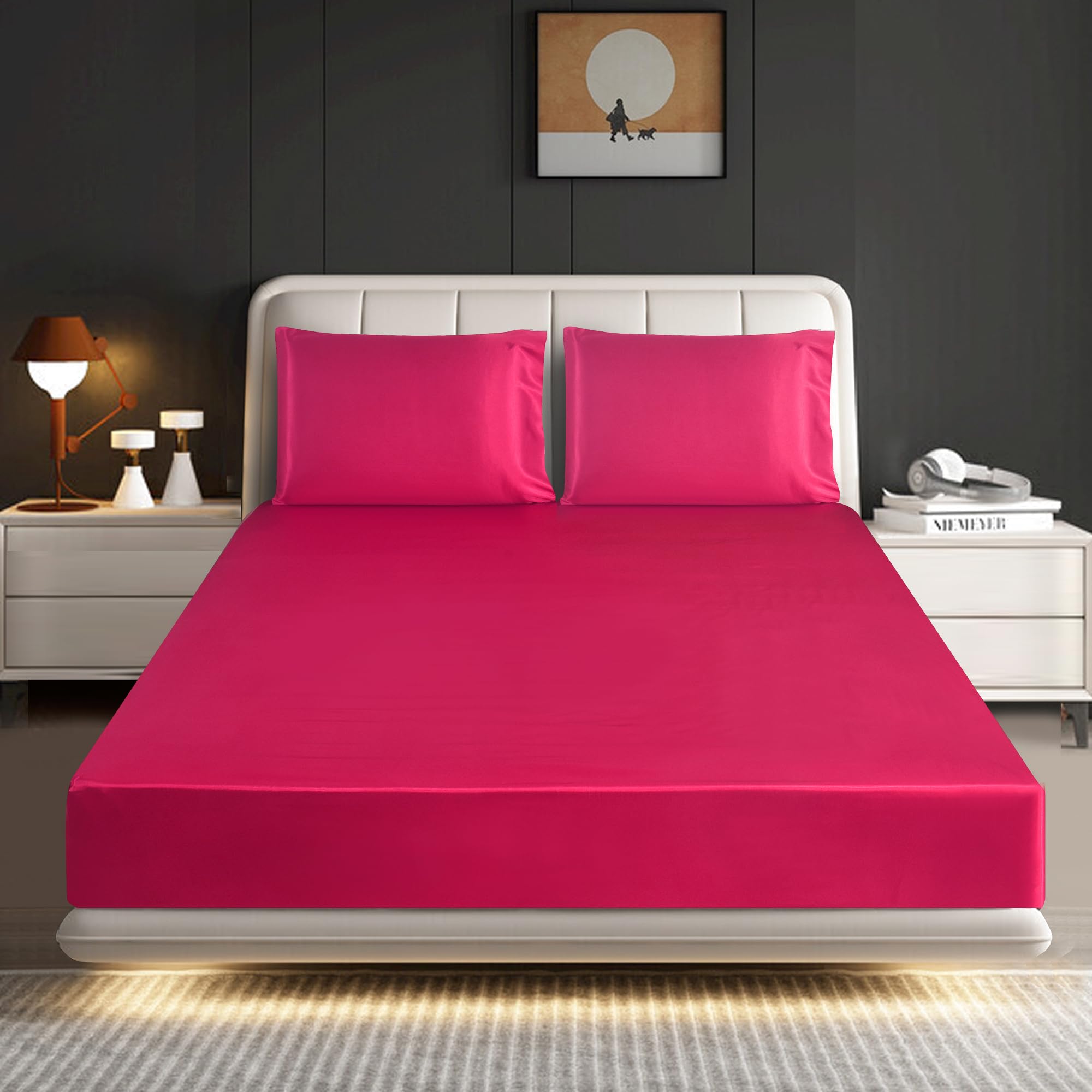 ROOEE Satin Silk Fitted Sheet with Pillowcase Set Breathable Soft Bedding Brushed Fabric Wrinkle, Shrinkage and Fade Resistant Bottom Bed Sheets (FUCHSIA, Single)