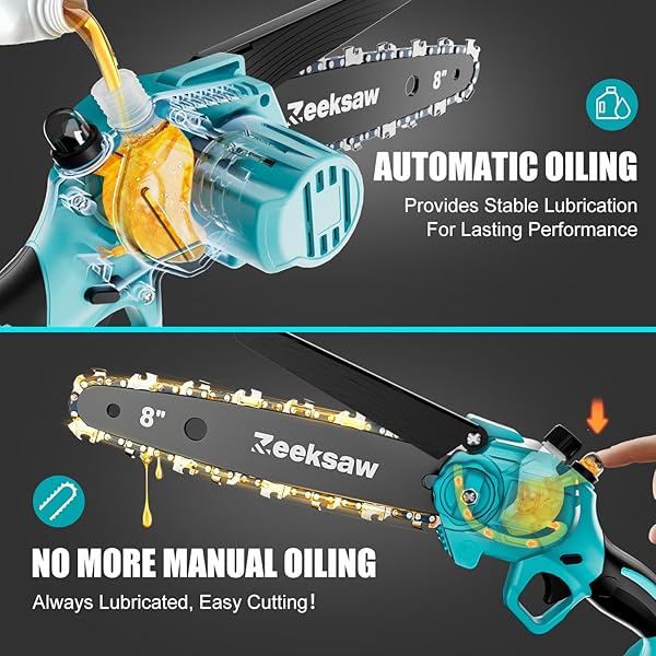 8 INCH ELECTRIC CHAINSAW CORDLESS WITH AUTO OILER, SENIORS FRIENDLY BATTERIES POWERED HAND HELD CHAIN SAW KIT, AUTOMATIC CHAIN TENSIONING & AUTO OILER FOR TREE BRANCHES, COURTYARD, AND GARDEN