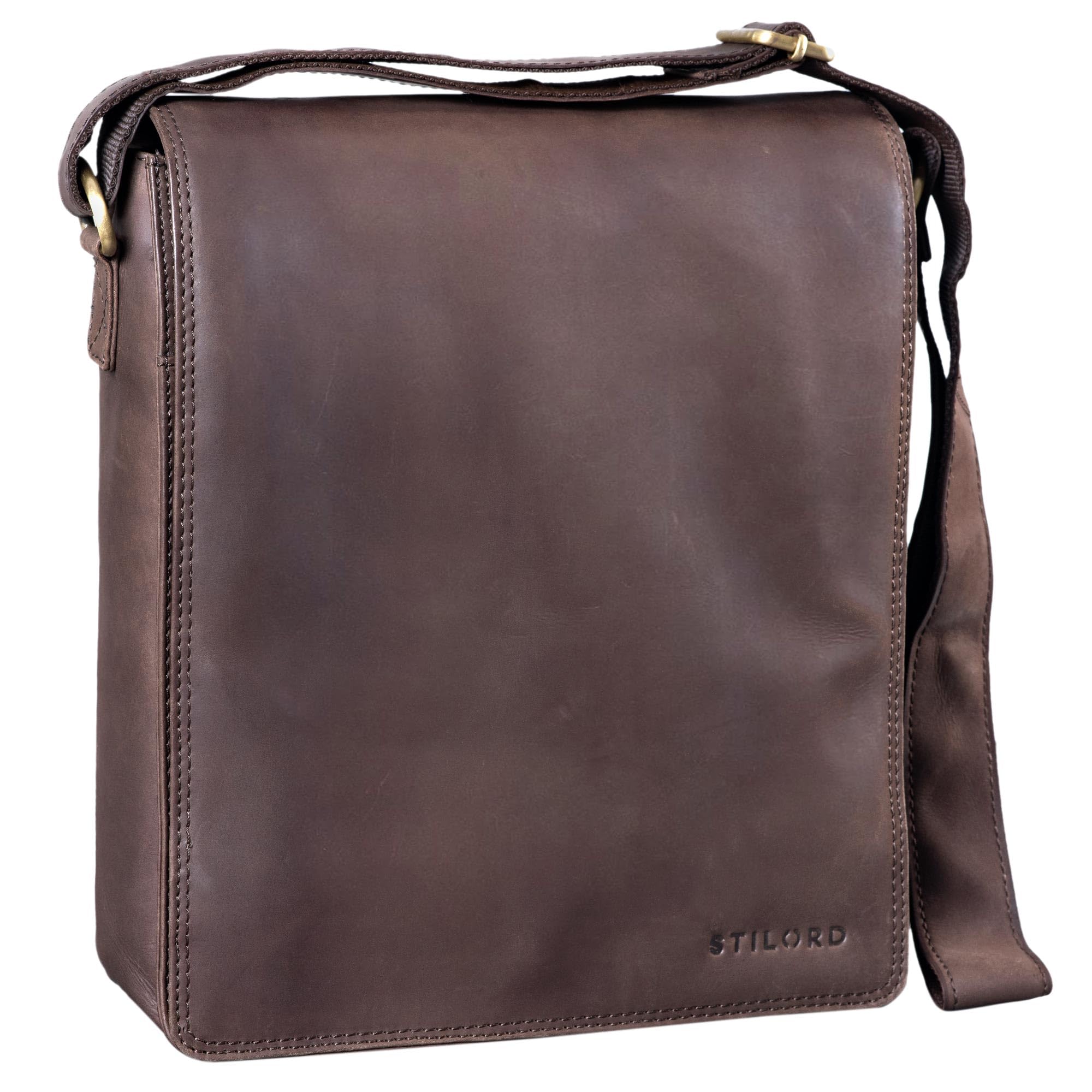 STILORD "Lars" Vintage Messenger Bag Men for 13,3 inches Macbooks Cross Body Bag Vertical Satchel for A4 Documents Genuine Leather Colour:Flat Dark Brown