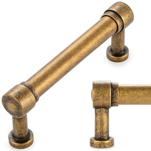 KOOFIZO Antique Brass Cabinet Pulls, 10-Pack Vintage Cabinet Handles, 3-3/4 Inch Screw Spacing, Retro Hardware P25 for Kitchen Door, Drawer, Bedroom Dresser, Bathroom Vanity