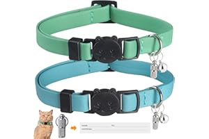 WROSWT Upgrade Breakaway Cat Collar with Bells, Soft Leather Kitten Collars with Name Tag,Safety Adjustable Buckle,Lightweight,Ideal for Girl Boy Cats,Puppies,2 Pack (Green+Blue)