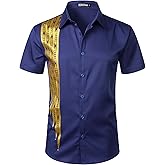 ZEROYAA Men's Africa Style Bronzing Short Sleeve Button Down Shirt Casual Party Dress Shirts