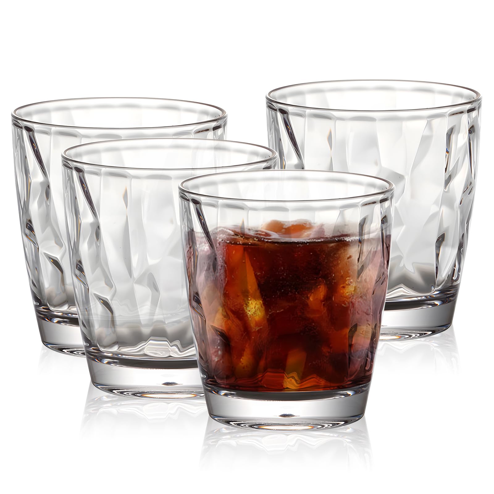 Plastic Tumblers for Adults, Unbreakable & Reusable Whiskey Glasses, 300ml×4 Portable & Stackable Drinking Cups for Picnics/Camping, Dishwasher Safe, for Cocktail/Wine/Water/Juice (Transparent)