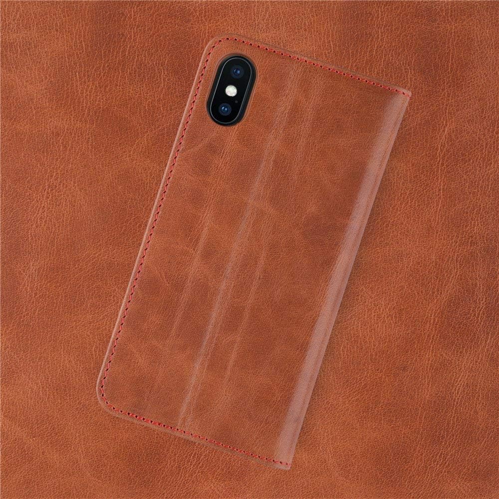 iPhone Xs/X Leather Wallet Case. iATO Premium Protective Genuine Brown Cowhide Wallet Cover. Stylish Folio Flip Type Accessory for iPhone Xs (2018) / X (2017). Supports Wireless Charging