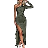 Caracilia Womens Wedding Guest Maxi Dress 2025 Fall One Shoulder Sleeve Satin Bodycon High Split Cocktail Formal Prom Dresses