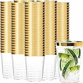 Tebery 100 Pack Clear Plastic Cups Party Glasses, 16Oz Disposable Cup Plastic Tumblers, Elegant Party Tumblers Cups Wedding Cup with Gold Rim