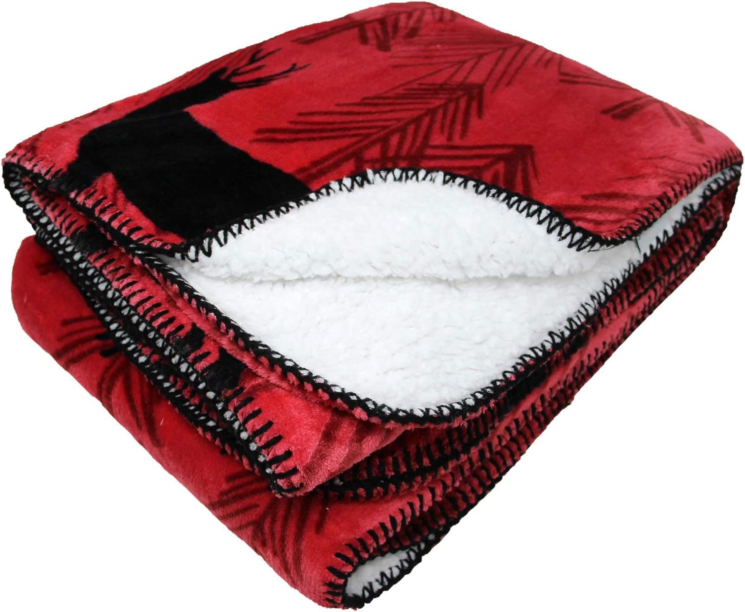 IT IDEAL TEXTILES Sherpa Fleece Throw Blanket, Cosy & Plush Christmas Blankets, Super Soft Thick Festive Winter Fleece Throws, 130cm x 170cm (Woodland Stag Red)