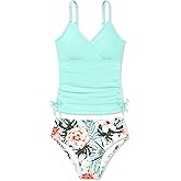 Queenstyle Teen Girls Tankini Swimsuit Tummy Control V-Neck Bathing Suit 2 Piece Swimwear Swimming Pool Beach for 9-16 Years