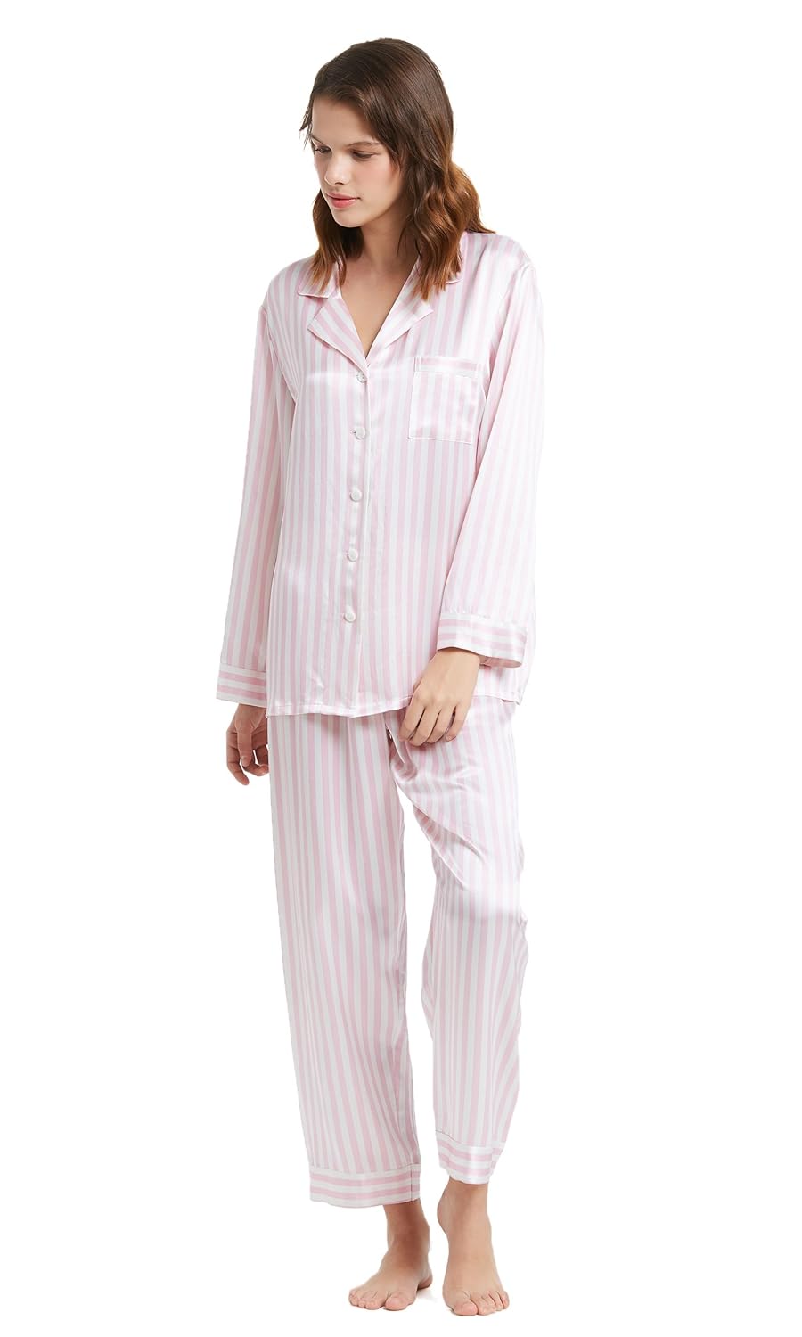人気ショップが最安値挑戦 シルク パジャマ Lilysilk リリーシルク レディース 高級感 L B077n5hwvs 寝間着 22匁 ストライプ ピンク ホワイト シルク部屋着 上下セット 心地よい肌さわり パジャマルームウェアセット Qaa Edu Qa