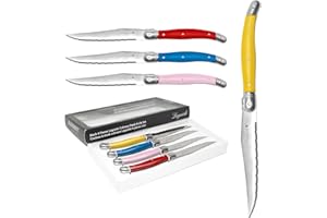 JS Gourmet Steak Knives Set of 4, Forged Stainless Steel, Serrated Blade Edge, Laguiole French Steak Knives with Multi Color 