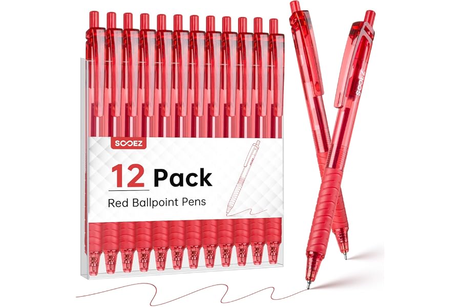 Sooez 12 Pack Bulk Pens Ballpoint, Retractable Red Ink Pens, Smooth Writing | Pens with Soft Grip, Medium Point 1.0mm Pen for Journaling, Ballpoint Pen Office Supplies for Nurse, Server, Note Taking