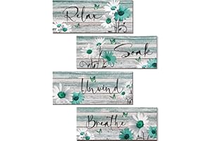 ZINYAZHE 4 Pcs Farmhouse Bathroom Wall Decor Teal Daisy Floral Flowers and Turquoise Butterfly Teal Bathroom Art Relax Soak Unwind Breathe Rustic Wood Plaque for Home Spa Laundry (10 x 4 Inch)