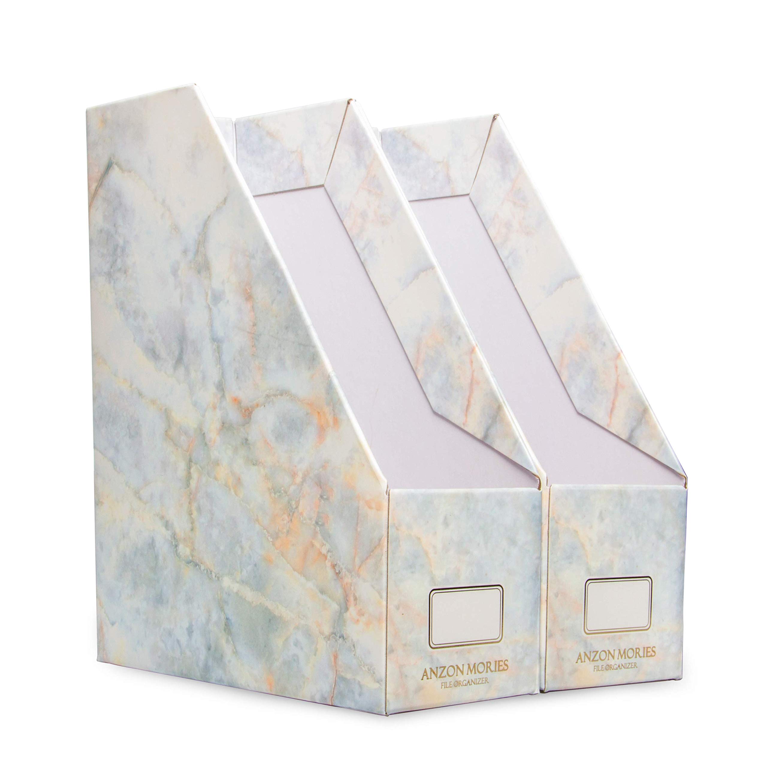 ANZON MORIES Magazine File Holder with Golden Marble Design 2 Pack, Premium Document Storage Box, Book Bin, Desk File Rack, Perfect for A4 Size Document, Office Folder, Newspaper Tray