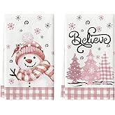 Artoid Mode Pink Xmas Tree Snowman Christmas Kitchen Towels Dish Towels, 18x26 Inch Farmhouse Holiday Winter Decoration Cleaning Set of 2