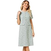 Hobemty Women's Short Sleeve A-line Dress Button Decor Elegant Work Tweed Dresses