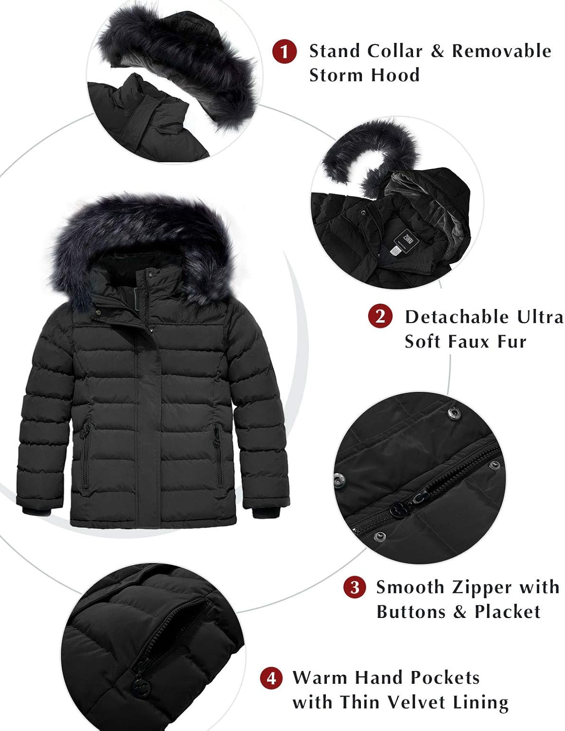 ZSHOW Girls' Water Resistant Puffer Jacket Soft Fleece Lined Padded Hooded Winter Coat: Clothing