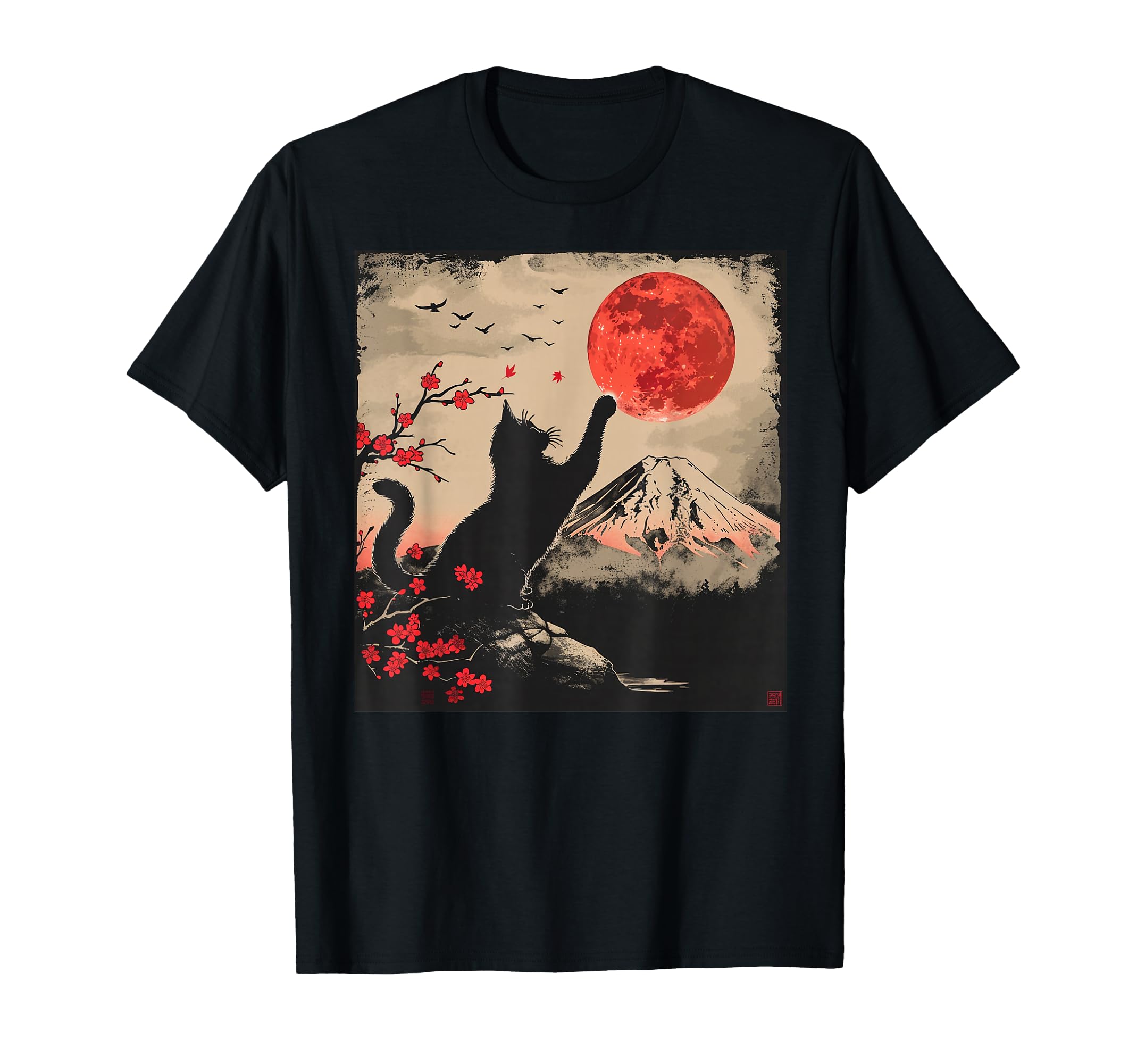 Vintage Japan Art Japanese Theme Retro Print Black Cat T-Shirt Large ...