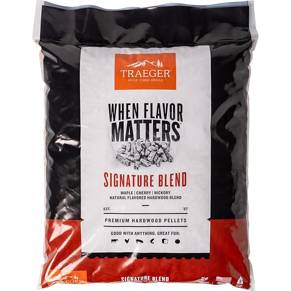 TRAEGER GRILLS SIGNATURE BLEND 100% ALL-NATURAL WOOD PELLETS...